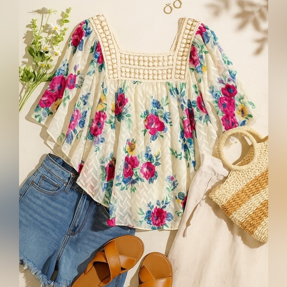 Anthropologie Tops - Meadow Rue Anthropologie Boho Babydoll Peasant Top M Crochet Floral Cottagecore